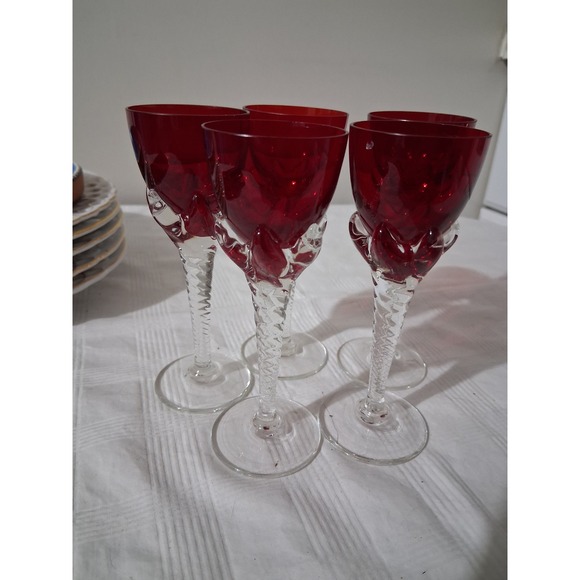 Unbranded Other - Vintage Ruby Red Glass Wine Goblets Clear Twisted Stem Set of 5 5.25in
